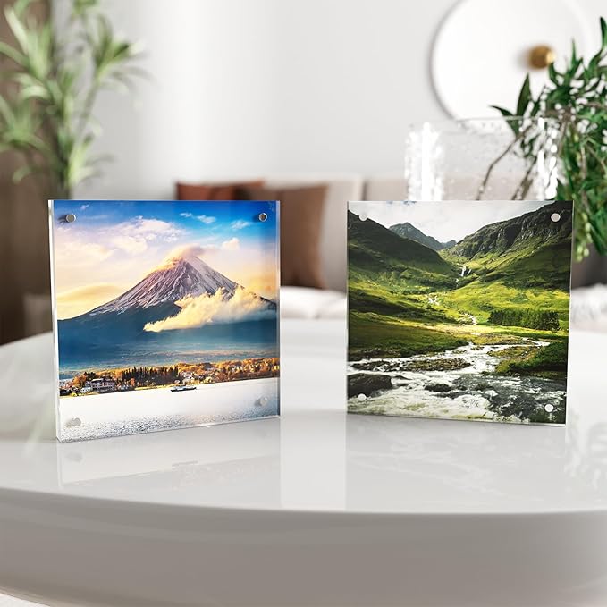 5x5 Acrylic Picture Frame 5 Pack, Clear Freestanding Double Sided Frameless Magnetic Photo Frames, Desktop Display Decor Gift