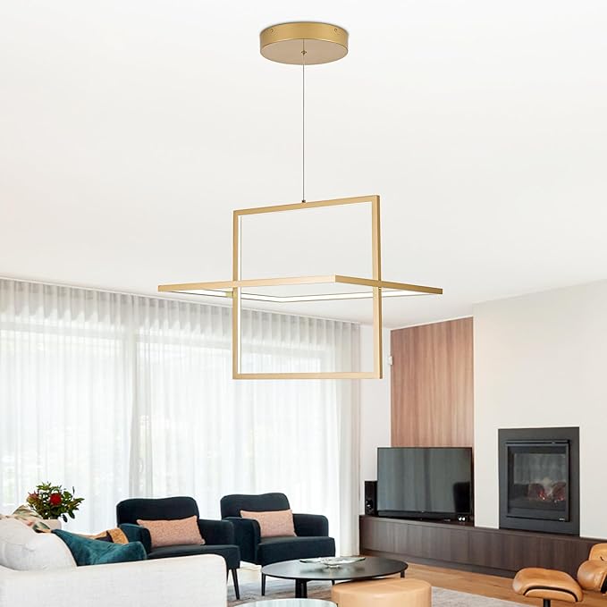 Modern LED Chandelier Led Pendant Light Square Contemporary Chandelier Hanging Light Dimmable for Living Room, Dining Room, Bedroom, Kitchen, Stydy Room 65W 3000K/4000K/6000K (Glod)