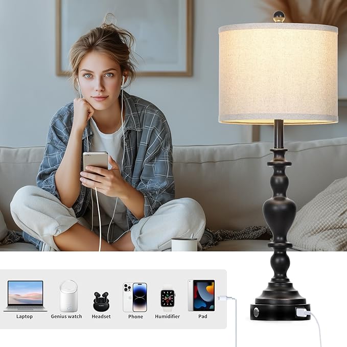 27" Vintage Table Lamps for Living Room Set of 2, Farmhouse Rustic Nightstand Lamps with USB C+A Ports, 3-Way Dimmable Bedside Lamp for Bedrooms Office Dorm, 2 LED Bulbs Included Washed Antique Black