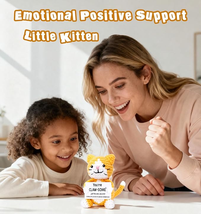 Crochet Cat Lover Gifts for Women Men, Small Funny Handmade Emotional Positive Crochet Animals Stuffed Plush, Mini Cool Cute Stuff Things Presents for Girls Boys, Fun Kitten Kitty Cat Ornament Decor