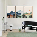 SIGNINART Boho Mountains Framed Canvas Wall Art Set of 3, Watercolor Nature Landscape Art Prints, Neutral Modern Sunrise Art Paintings, Green Forest Wall Decor for Living Room Bedroom Office 24"x36"x3