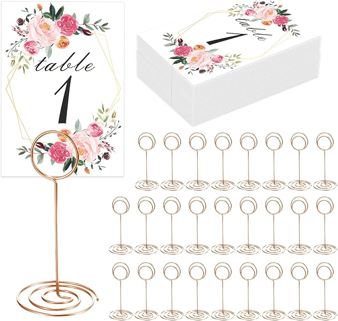26 PCS Table Number Holder - Table Card Holder Stand Wire Photo Holder with 26 Pcs Floral Table Number Cards, Place Card Holder Stand for Weddings Party Office Paper Memo Menu Note Clips
