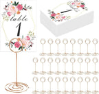 26 PCS Table Number Holder - Table Card Holder Stand Wire Photo Holder with 26 Pcs Floral Table Number Cards, Place Card Holder Stand for Weddings Party Office Paper Memo Menu Note Clips