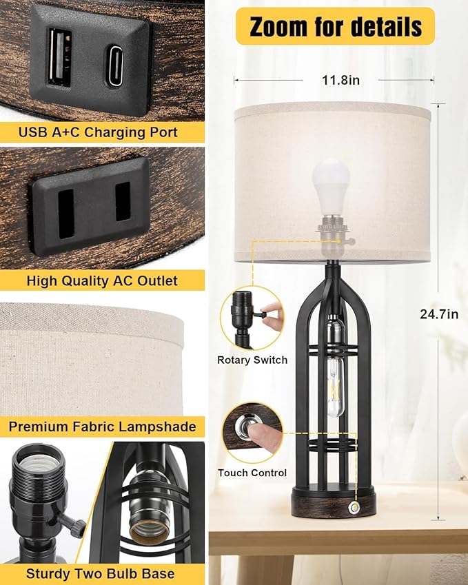 Seealle Table Lamps for Living Room - Black Bedside Lamp for Bedroom with USB C+A & Outlet, Farmhouse Lamps for Night Stands, 3-Way Dimmable Touch Lamps for Living Room with Oat Shade(Single)