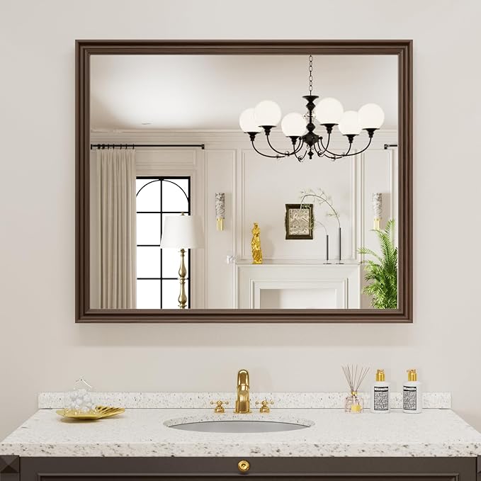 WEER Retro Copper Bathroom Mirror, 36x30 Inch Bronze Oil Rubbed Framed Mirror, Rectangle Classic Vintage Framed Wall Mirror, Farmhouse Vanity Mirror, Tempered Glass, Vertically or Horizontally