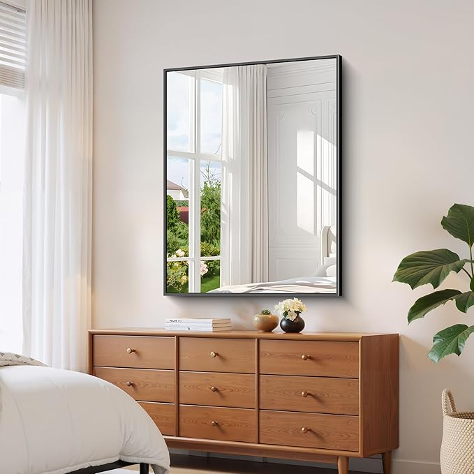 YIROMAN Bathroom Mirror for Wall 48"x36", Large Matte Black Bathroom Mirror with Metal Frame, Rectangular Vanity Mirror with Right Angles, Wall Mirror Hangs Horizontal or Vertical, Shatterproof