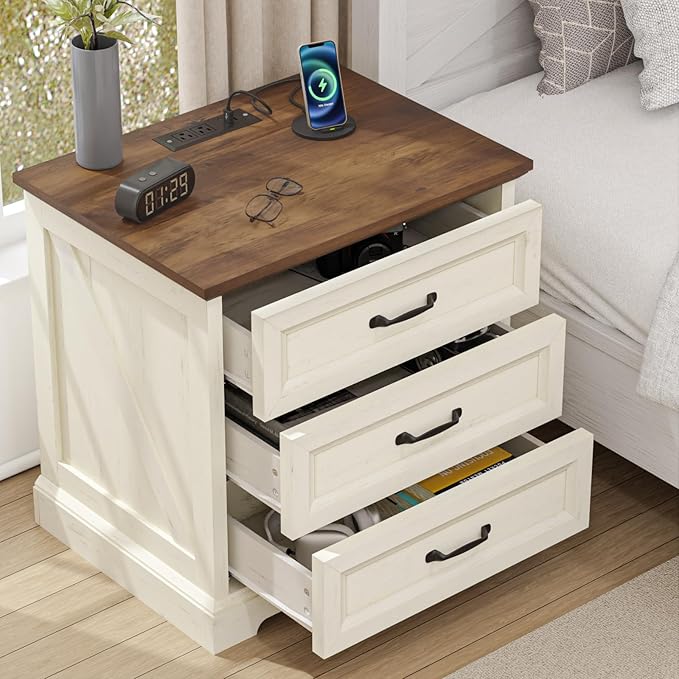 HOMMPA 24'' Farmhouse Nightstand with Charging Station, Bedside Tables with Storage, Side Table with USB Port, 3 Drawers End Table Dresser, Wood Night Stand for Bedroom, Living Room, Rustic White