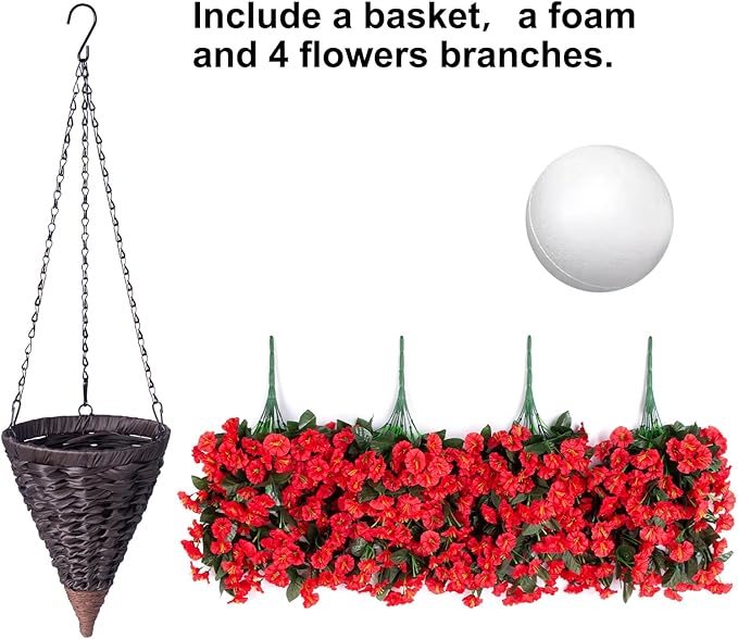 Artificial Fake Red Hanging Flowers Plants Baskets for Outdoor Winter Christmas, Faux Silk UV Resistant Look Real Morning Glory Vines for Outside Porch Patio Balcony Garden Yard Home Decor