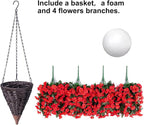 Artificial Fake Red Hanging Flowers Plants Baskets for Outdoor Winter Christmas, Faux Silk UV Resistant Look Real Morning Glory Vines for Outside Porch Patio Balcony Garden Yard Home Decor