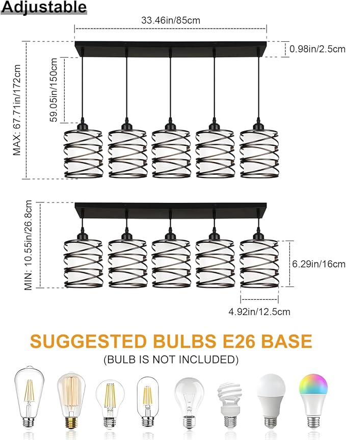 Black Pendant Lights Kitchen Island, Farmhouse Chandeliers for Dining Room 5-Light Pendant Light Hanging Linear Chandeliers, Kitchen Island Lighting with Frosted Glass Shades