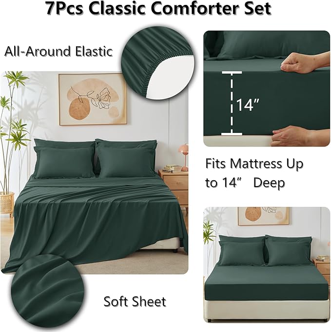 CozyLux Queen Comforter Set Forest Green - Bed in a Bag Queen Size 7 Pieces, Luxury Soft Bed Set for All Seasons, Bedding Set with Down Alternative Comforter, Sheets, Pillowcases & Shams