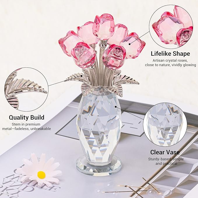 Glass Rose Flowers, Crystal Glass Figurines Rose Decorations for Home Gifts for Mom Wife Grandma, Crystal Flowers Collectible Ornament Mother's Day Thanksgiving Anniversary Birthday Gifts (Pink Rose)