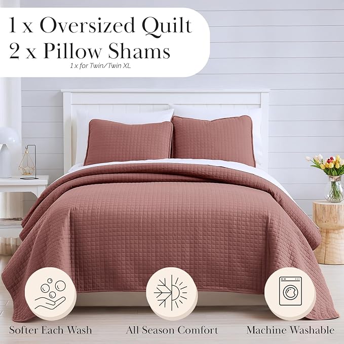 Southshore Fine Living, Inc. Twin XL Quilt Set with Pillow Sham, Quilted Twin Bedspread, Coverlet, Oversized Bed Quilt for Full Coverage, Soft and Comfy, Easy Care, Machine Washable, Marsala