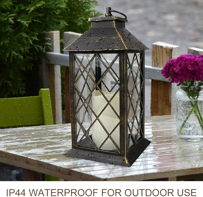 Bright Zeal 2-Pack 13.5" Vintage Candle Lantern with LED Candle (Distressed Gold, 6hr Timer) - IP44 Waterproof Outdoor Hanging Lanterns Battery Powered - Tabletop Lantern Decorative Home Lanterns
