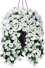 Artificial Faux Hanging White Flowers Plants Basket for Outdoor Outside, Fake UV Resistant Realistic White Morning Glory Flowers for Porch Home Balcony Yard Patio Decoration