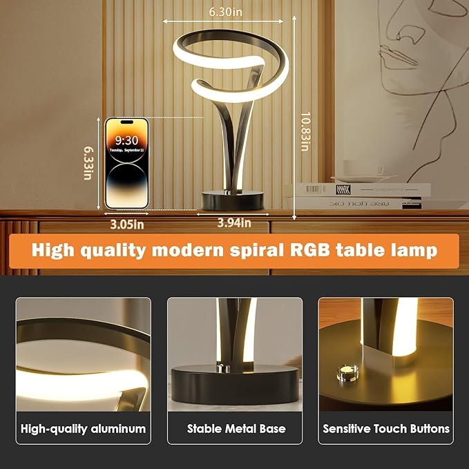 Spiral LED Table Lamp Set of 2-10 Color Modes, Touch Dimming, Modern Nightstand Lights for Bedroom & Living Room