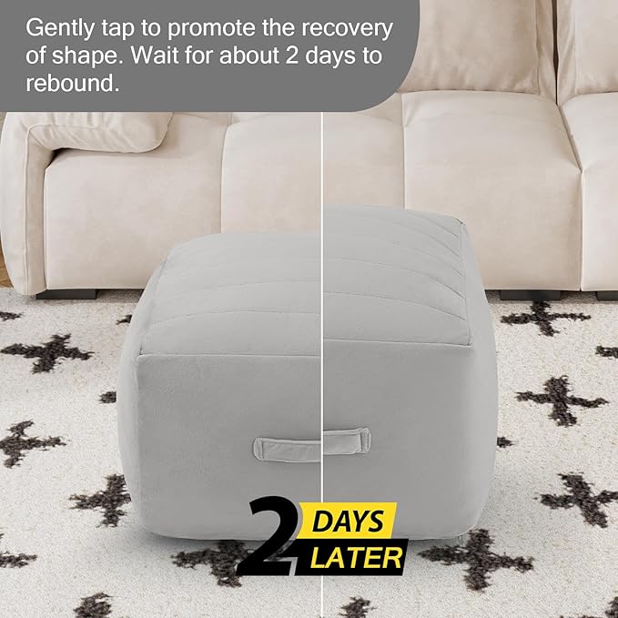 MeMoreCool Square Stuffed Pouf Ottoman Foot Rest, Floor Pouf Foot Stool with Foam Chunk Filling, Soft Stuffed Ottoman Footrest for Living Room, Light Grey