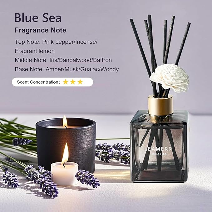 Reed Diffuser Set, 6.1 oz (180 ml) Blue Sea Scented Diffuser with Sticks Long-Lasting Home Fragrance Reed Diffuser for Home Room Office Bathroom Shelf Decor