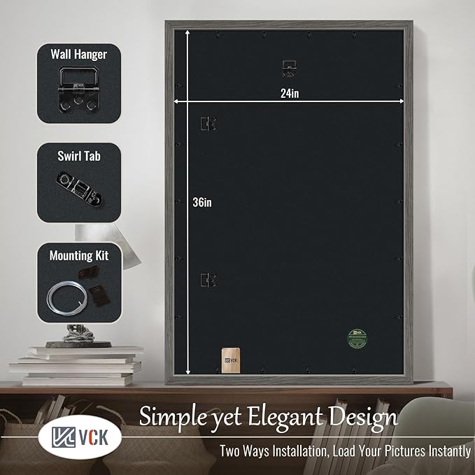 VCK 24x36 Poster Frame 3 Pack, Gray Solid Wood Picture Frame, Exclusive Wood Grain, Wall Mounting Hanging