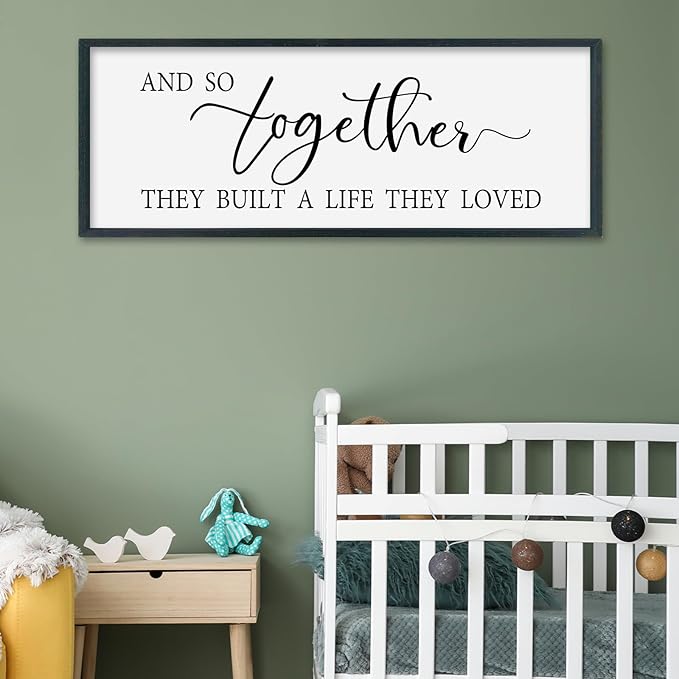SRSZHIYUE And So Together They Built A Life They Loved Above Bed Sign Wall Decor Art 32"×12" for Master Bedroom Over Bed Large Wood Framed Wall Hanging (Black)