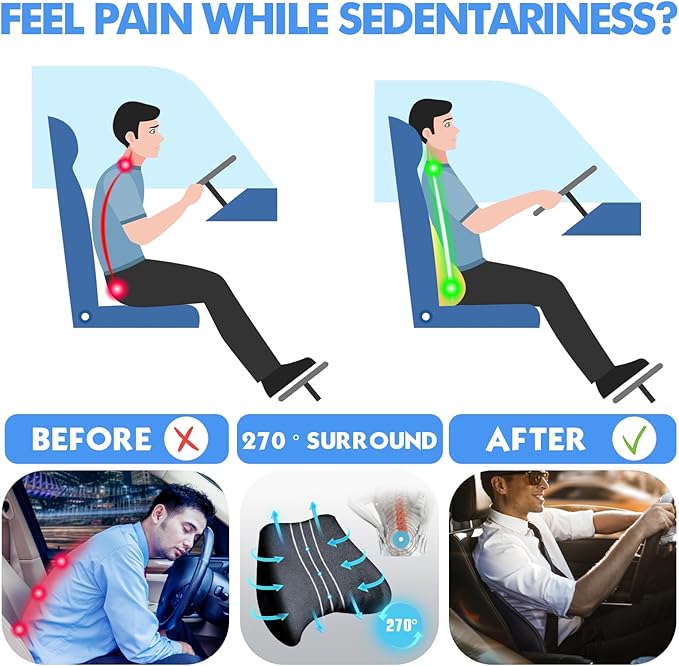Soft Lumbar Support Pillow for Driving Seat 100% Memory Foam Lumbar Pillow for Lower Back Pain Relief, Lumbar Support Cushion for Car Seat, Office Chair Blue