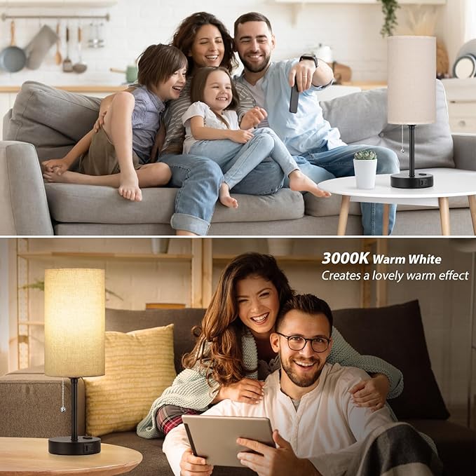 Dicoool 17Inch Tall Bedroom Lamps with USB C and A Ports 3 Color Temperatures - Pull Chain Beige Nightstand Bedside Table Lamp with AC Outlet, Side Lamp for Living Room End Table