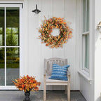 Bibelot Fall Front Door Wreath, 22" Artificial Floral with Colorful Daisies and Autumn Foliage - Orange for Wall, Window and Thanksgiving Decor