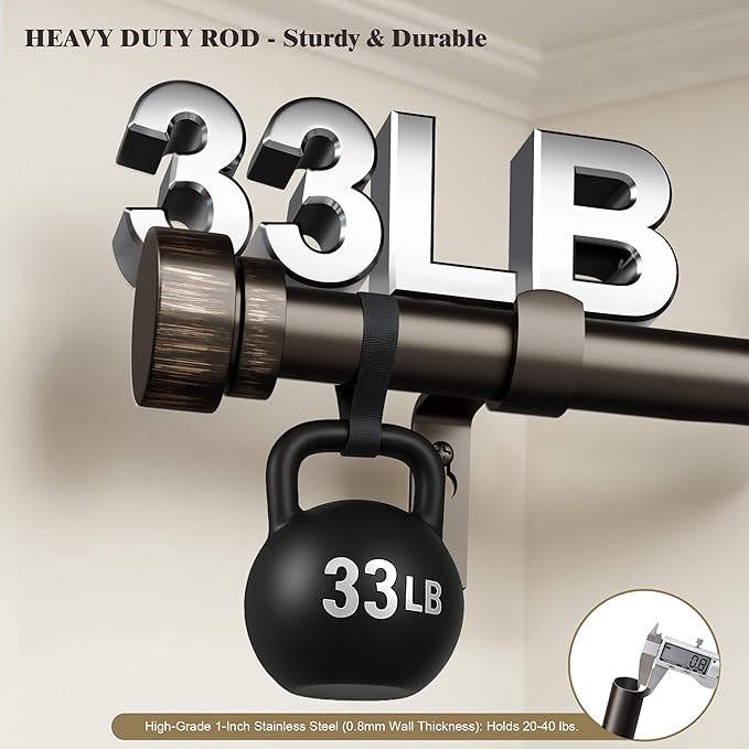 Oneach Antique Brown Curtain Rods for Windows 28 to 48 Inch, 1 Inch Pole Adjustable Length Heavy Duty Metal Curtain Rod Set, for Outdoor Bedroom Kitchen Living Room (16 to 60 Inch)