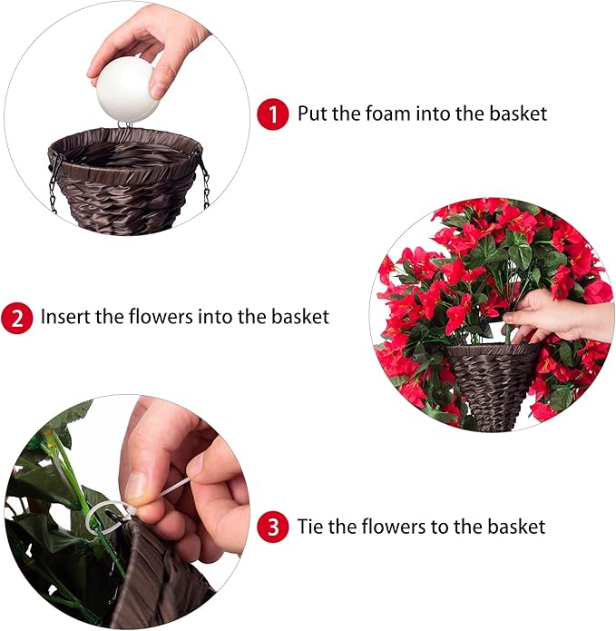 Artificial Bougainvillea Faux Flowers Plants Baskets for Outdoor Outside Summer Decoration, 3 PCS Fake Silk Long Hanging Vines UV Resistant Realistic for Front Door Porch Patio Balcony Yard, Red