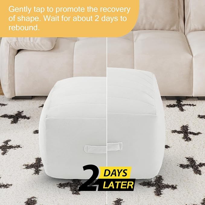 MeMoreCool Square Stuffed Pouf Ottoman Foot Rest, Floor Pouf Foot Stool with Foam Chunk Filling, Soft Stuffed Ottoman Footrest for Living Room, Off-White