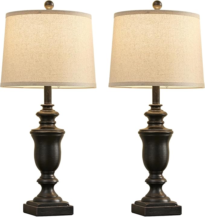 27.5" Vintage Farmhouse Table Lamps Set of 2 Bedside Lamp, 3 Way Dimmable Bedroom Lamps with 2 USB Ports +AC Outlet Touch Nightstand Lamp Rustic Lamp (Rotary-Antique Black)