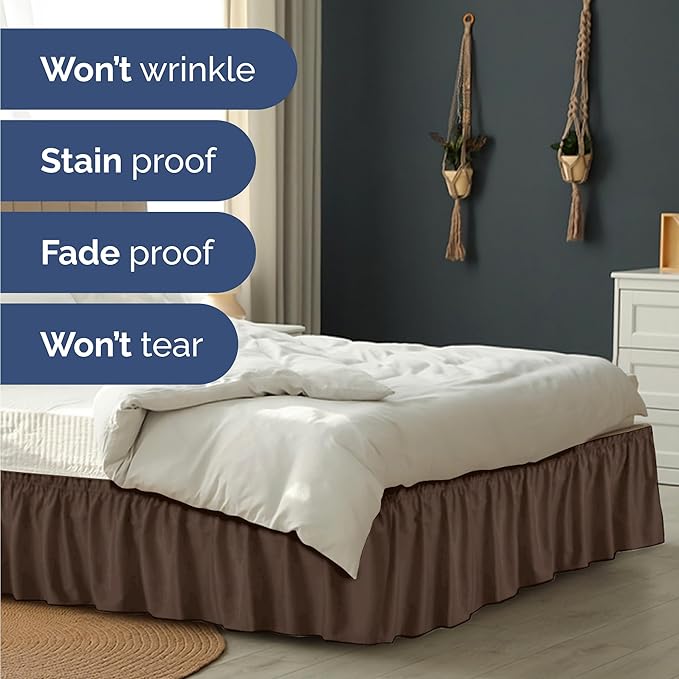 Wrap Around Dust Ruffle Bed Skirt - Brown - for King Size Beds with 18 Inch Drop - Easy Fit Elastic Strap - Adjustable Pleated Bedskirt w/Brushed Fabric - Wrinkle Free - for Women, Men, Kids & Teens
