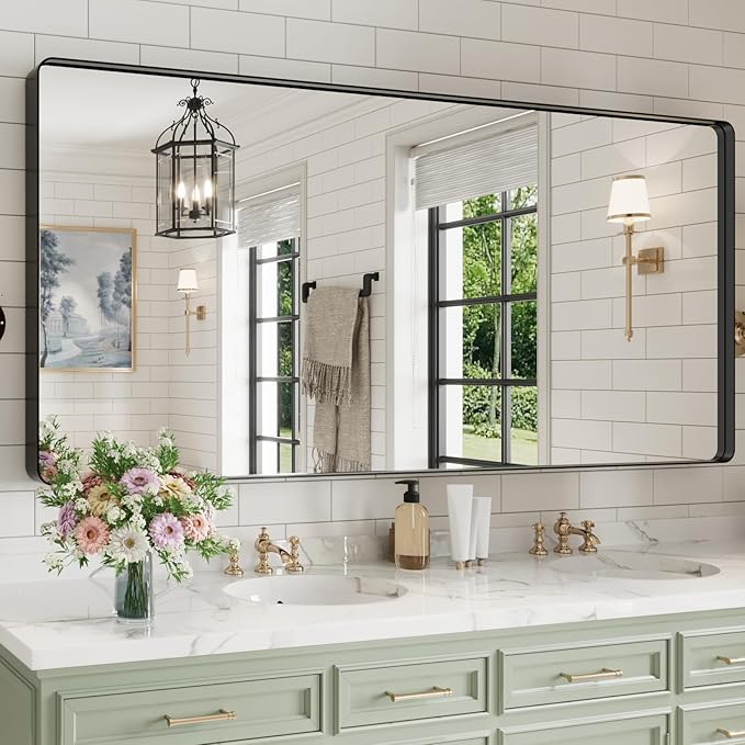 WEER Black Bathroom Mirror for Wall, 77X36 Inch Matte Black Mirror, Rectangular Black Metal Framed Vanity Mirror with Tempered Glass, Rounded Corner, Anti-Rust (Horizontal/Vertical)