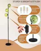 Lightdot Dimmable Floor Lamp for Living Room with 3 Green Glass Globe Shade, Black Pole Standing Lamps with 3000K G9 Bulbs, Mid Century Modern Floor Lamp for Living Room Bedroom Home Office