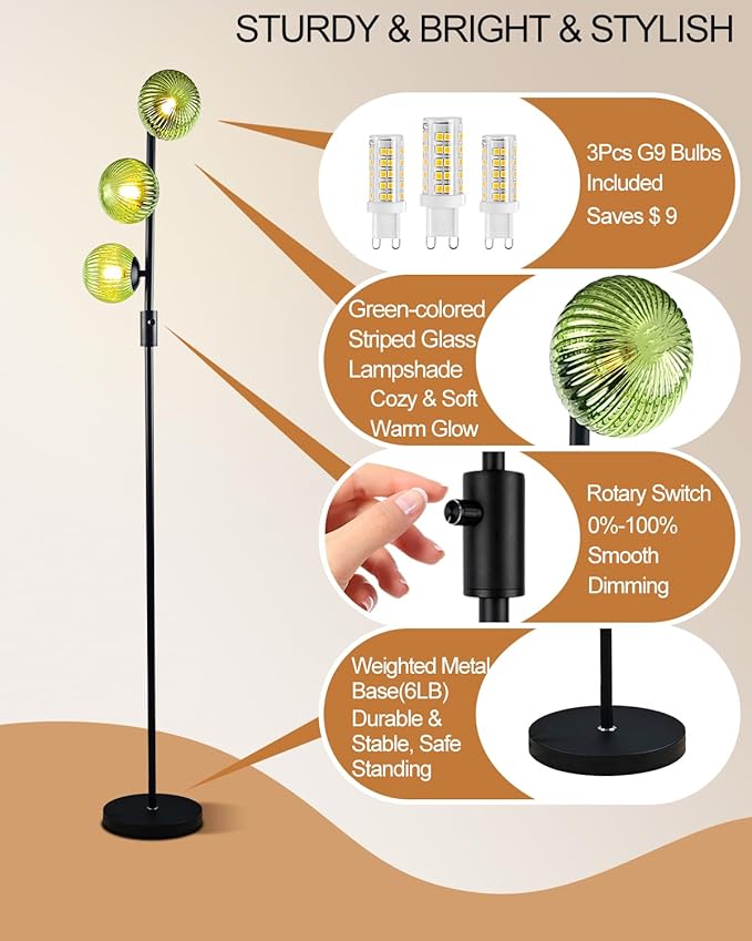 Lightdot Dimmable Floor Lamp for Living Room with 3 Green Glass Globe Shade, Black Pole Standing Lamps with 3000K G9 Bulbs, Mid Century Modern Floor Lamp for Living Room Bedroom Home Office