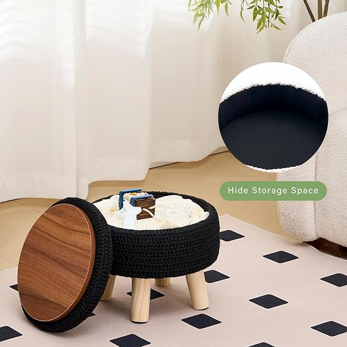 Wimarsbon Pouf Ottoman, 100% Cotton Knitted Boho Footstool, Round Footrest with Non-Skid Wood Legs, Home Décor Handmade Pouffe, Leisure Floor Step Stool for Living Room (Storage Black)