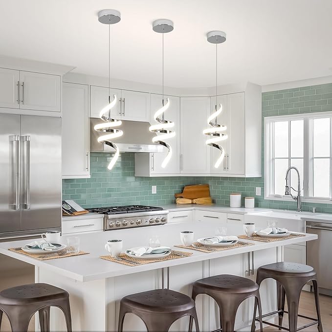 Modern Spiral LED Pendant Lights Kitchen Island, 22W Adjustable Height Hanging Light Fixture 4000K Chrome Chandelier for Dining Room Cafe Table, 1 Pack