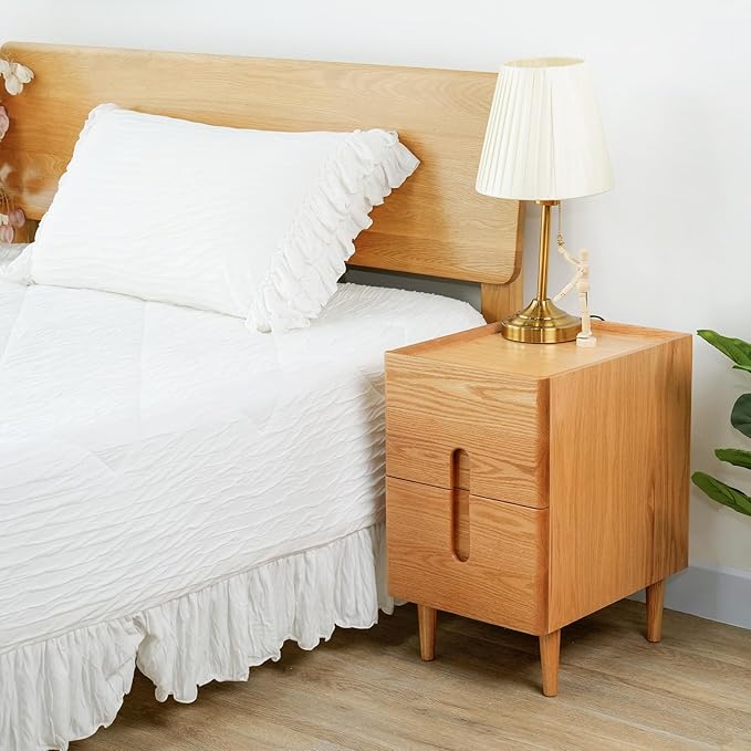 Narrow Nightstand, Mid Century Modern Nightstand, Solid Wood Bedside Table, Side Table witn Drawers (Natural, 11.81inches)