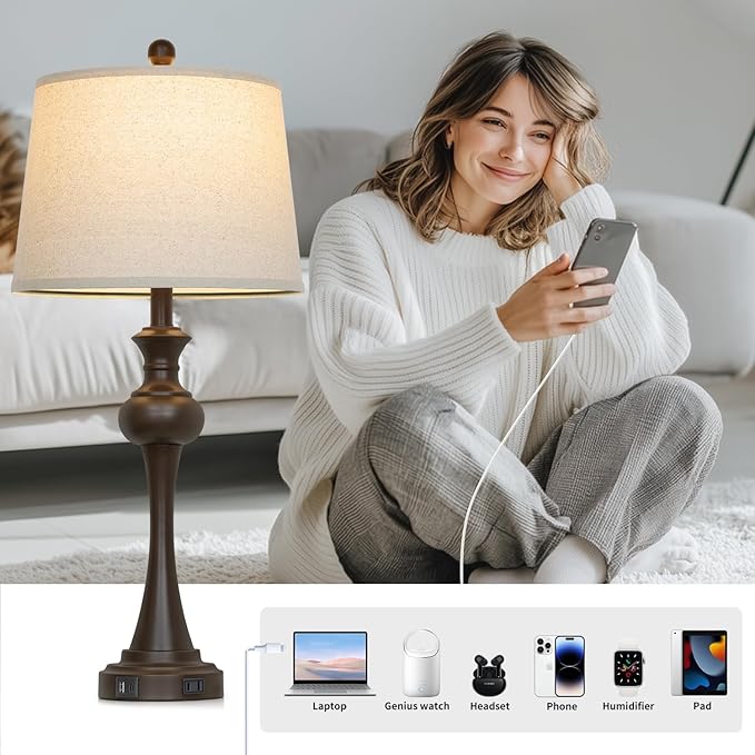 29" Tall Brown Table Lamp, 3-Way Dimmable Touch Control Bedside Lamp with USB A+C & AC Outlet for Bedroom, Living Room (1 Pack)