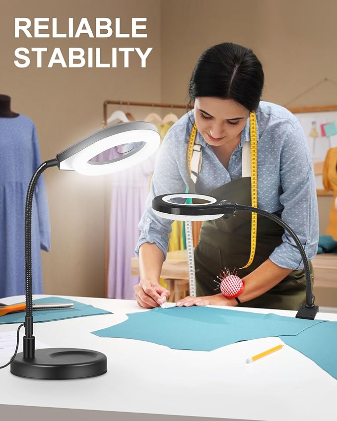 Flexible Gooseneck 2-in-1 Magnifying Glass with Light and Stand,10x & 5x Real Glass Lens Magnifying Lamp, 5 Color Stepless Hands-Free LED Desk Lamp with Clamp for Painting, Crafts, Reading (White)