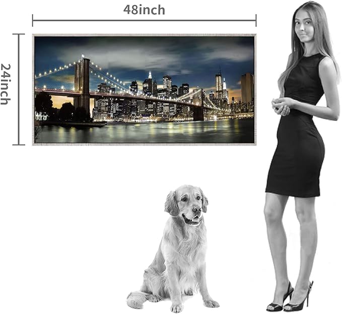 Framed Brooklyn Bridge Wall Art: Large Size New York Cityscape Skylines Night Scene Modern Picture Artwork for Home Office Decoration (48” X 24”)