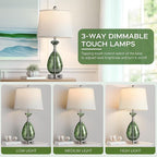 Coastal Glass Table Lamps Set of 2, 3-Way Dimmable Touch Control Nautical Lamp with USB A+C Ports,Bedside Lamp Beach Decor,Nightstand Lamp with White Shade for Living Room Bedroom(LED Bulbs Included)