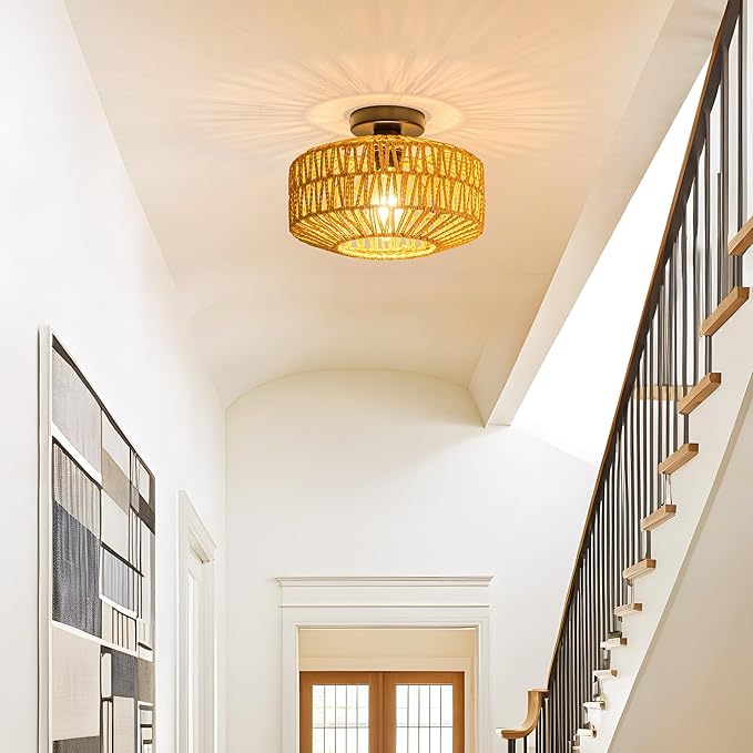 MAYNA Rattan Ceiling Light Fixture, Hand-Woven Boho Light Fixtures Ceiling Mount, Rattan Flush Mount Ceiling Light for Farmhouse Hallway Bedroom Kitchen Entryway Living Room (Black)