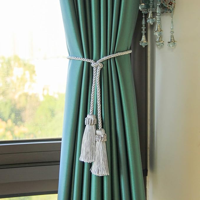Fenghuangwu Curtain Tiebacks Handmade Decorative Curtain Holdbacks Rope with Tassel (Silver, 2P)