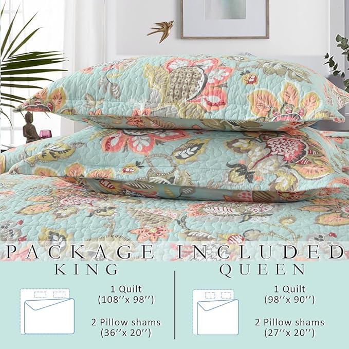 Cotton Bedspread Bedding Coverlet Quilt Sets, Reversible Vintage Branch Floral Bedspread comforters, (Vintage Floral Blue Pattern, King Size)