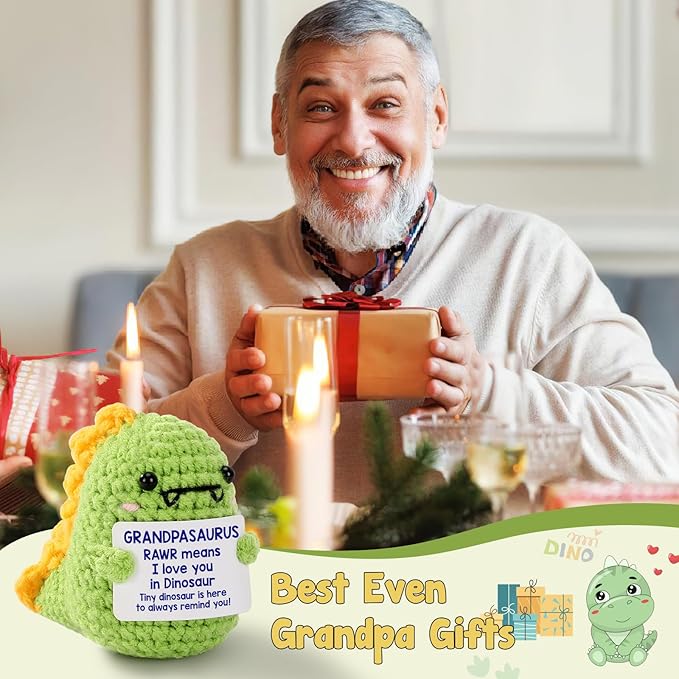 Mini Grandpa Gifts for Christmas– Handmade Crochet Dinosaur Grandpasaurus RAWR I Love You Gift for Grandpa Papa Pops Birthday Christmas Stocking Stuffer Decorative Collectible