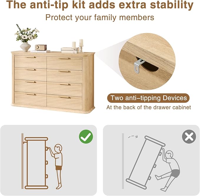 Okvnbjk Fluted 8 Drawer Dresser, 52" Wide Modern Wood Dresser for Bedroom, Chest of Drawers with Curved Profile Design, TV Stand & Storage Organizer for Living Room, Hallway