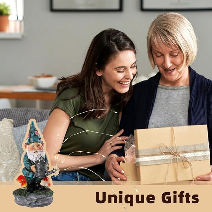 Solar Gnome Statue for Garden with Watering Can Light 8" Resin Gnome Figurines Outdoor Paito Yard Porch Decor Birthday Housewarming Gnomes Gifts for Women Mom Grandma Wife Sister