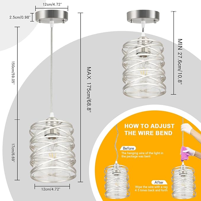 Brushed Nickel Pendant Light for Kitchen Island Spiral Iron Pendant Light Fixtures with Seeded Glass Shade, Adjustable Height Hanging Pendant Lighting for Dining Room Hallway Kitchen Foyer