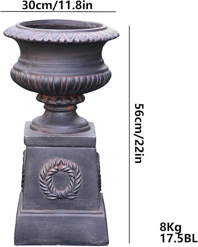 VISIBLE Classic Garden Urn Planter with Pedestal, Black Antique Finish, Cement Fiber Material, Decorative Leaf Pattern, 22 Inch Height, Indoor Outdoor Use, Delivered from Local Warehouse (Black)